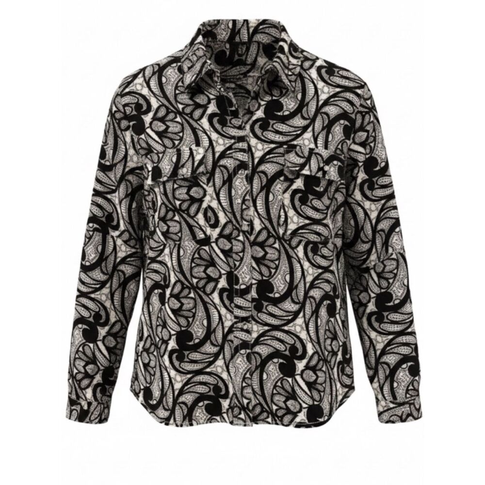 Como Black Patterned Long Sleeve Blouse with Silver Buttons